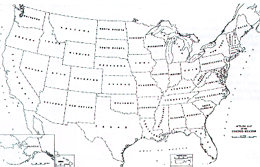 Black and white outline map of the USA showing state boundaries.