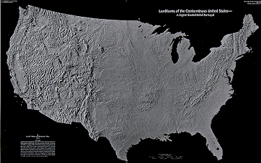 A shaded gray map of the USA showing landforms in shaded relief.
