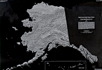 A shaded gray map of the Alaska showing landforms in shaded relief.