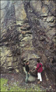 Photograph of nearly vertical layers of rock at Boyd Gap