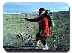 A color photograph of a person standing in on a rock field. Photo: USGS