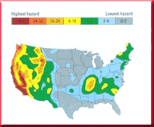 A small US earthquake map, most of the earthquake regions are on the west coasts.