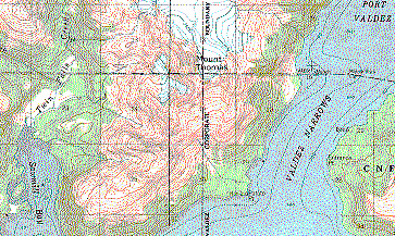 Detail of a topographic map show contour lines, mountains, and glaciers.