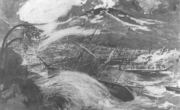 Drawing of the St. Pierre, Martinique, harbor during the 1912 eruption of 
Mont Pelée