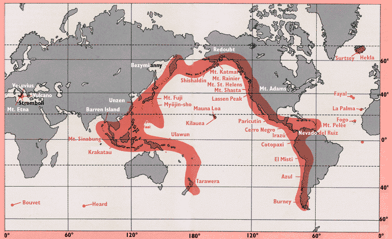Map showing distribution of some of the Earth's 500 active volcanoes