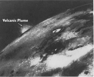 Spacecraft image of volcanic plume on Io, a moon of Jupiter
