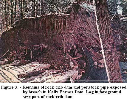 Figure 3. - Remains of rock crib dam and penstock pipe exposed by breach in Kelly Barnes Dam. Log in foreground was part of rock crib dam