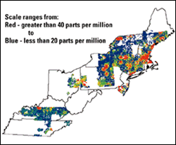 Distribution of lead in Region 9 stream sediments