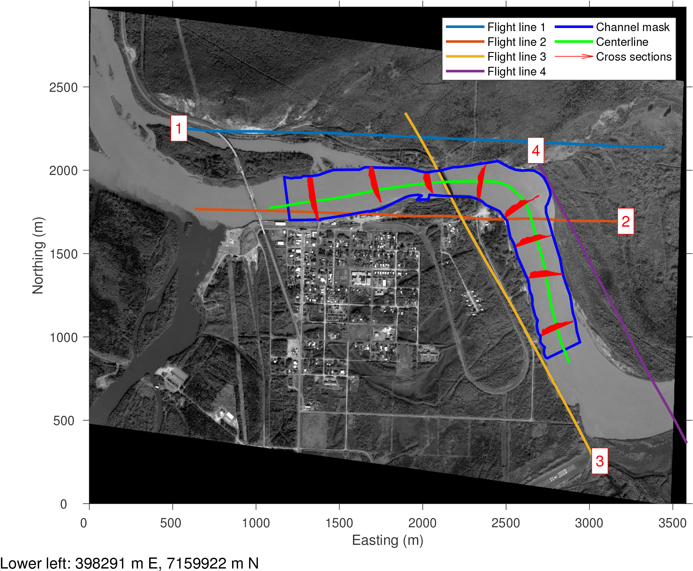 Images from flight lines provided coverage of the Tanana River study area. Field measurements
of velocity were also made.