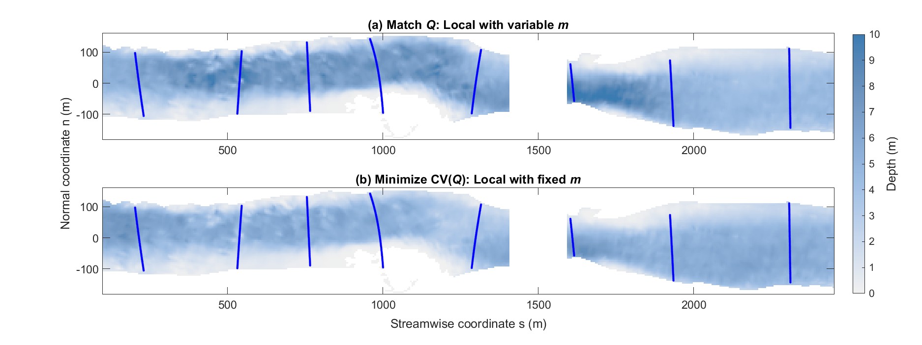 Depth maps were produced using two different variants of DIVERS: matching a known
discharge or minimizing variation in discharge.
