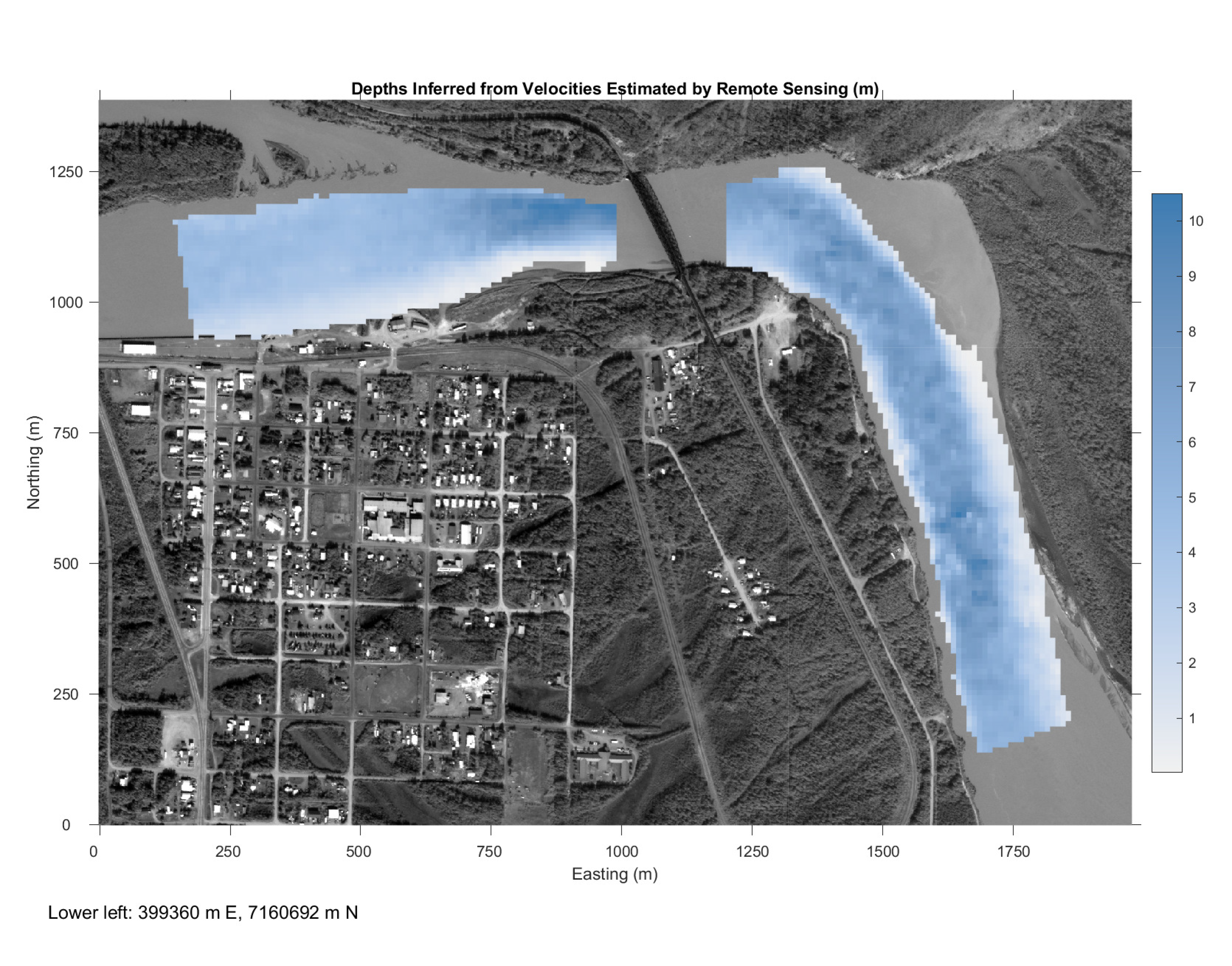 A map of water depth in the Tanana River near Nenana, Alaska, produced using the Depths
Inferred from Velocities Estimated by Remote Sensing (DIVERS) framework.