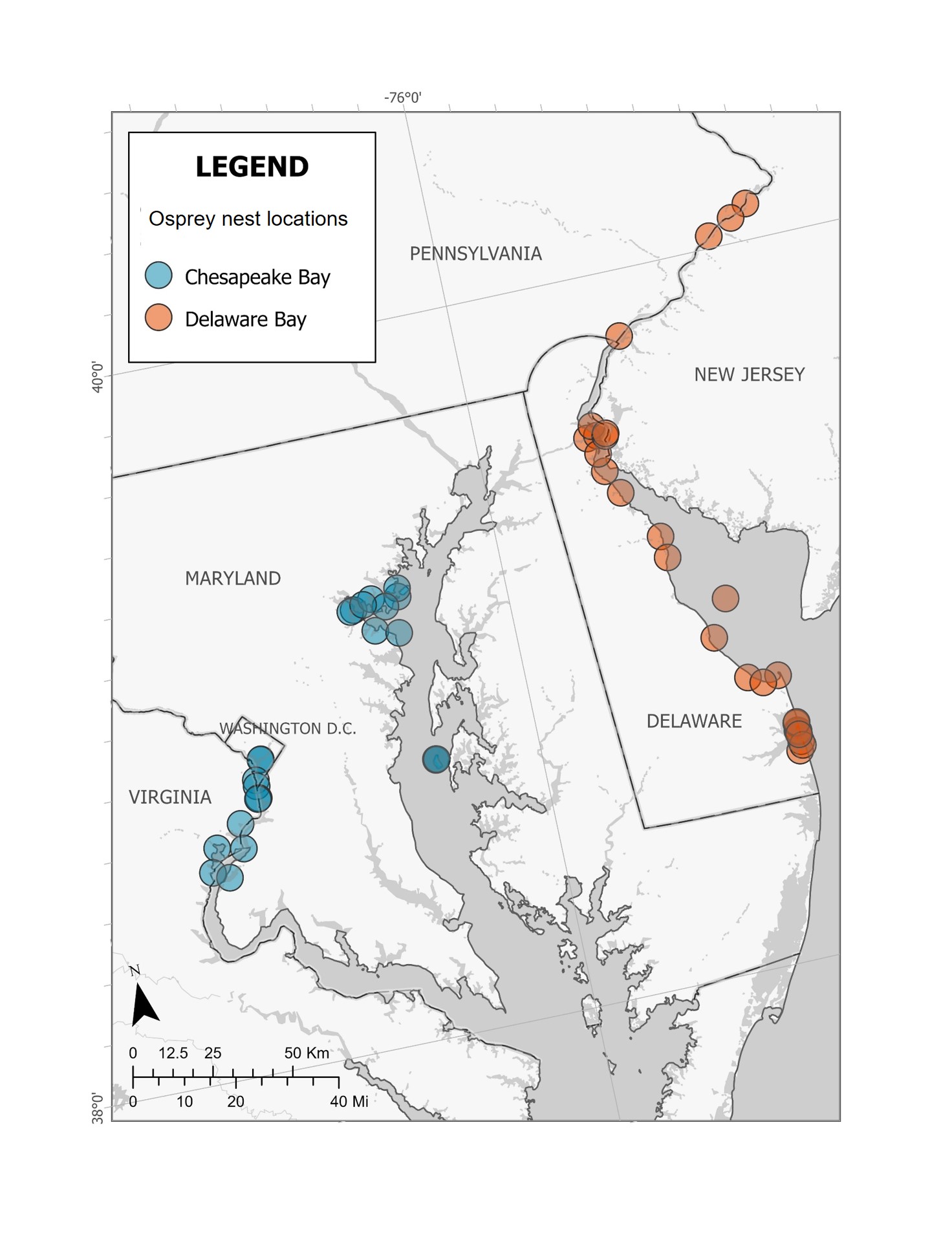 A map of the Chesapeake and Delaware Bays showing locations of nests sampled in this
study.