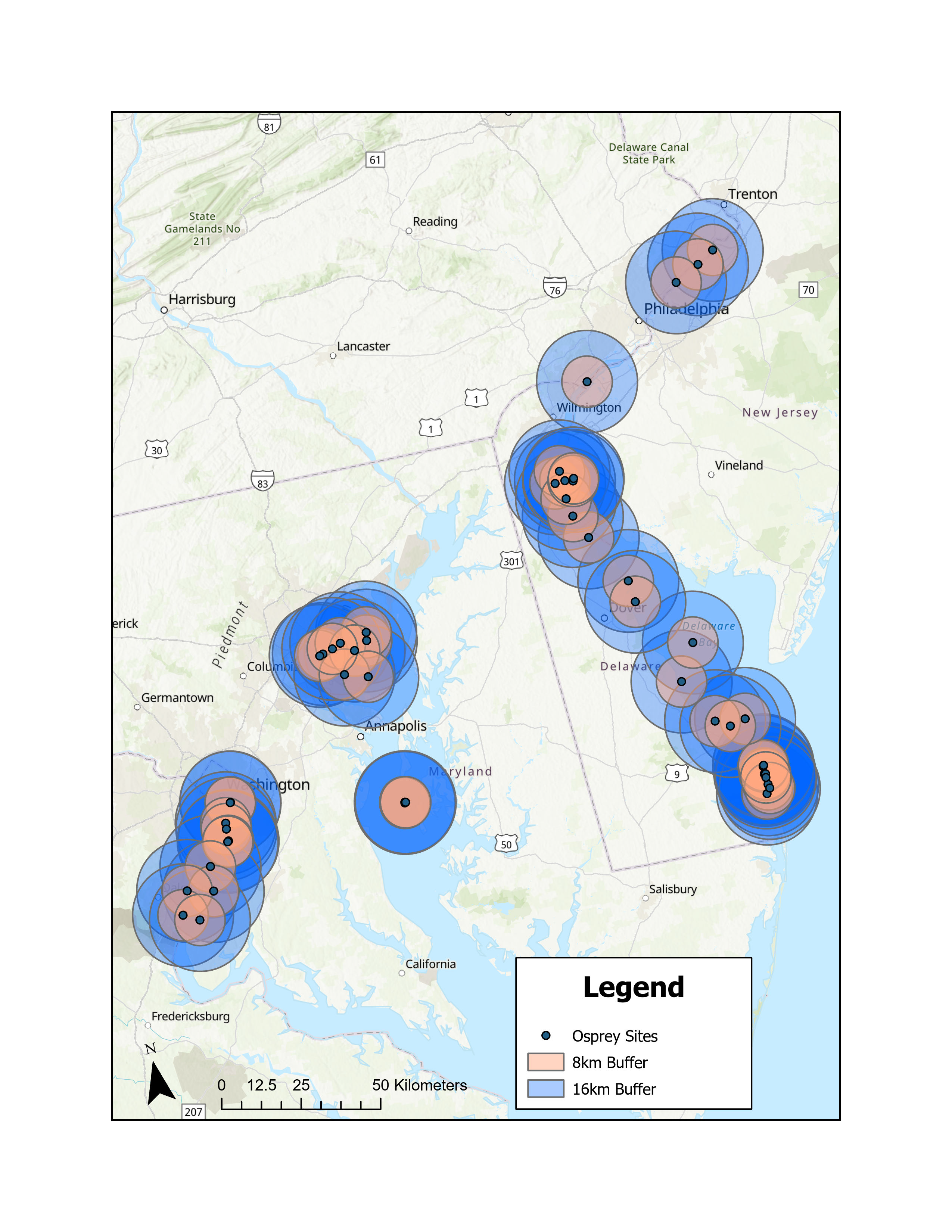 Predicted foraging ranges of Osprey (Pandion haliaetus) for each nestling sampling site within the Chesapeake (n = 23) and Delaware (n =
28) Bays. Circles depict 8 and 16 km buffers that represent likely foraging ranges
from the nest, based on Poole (2019).