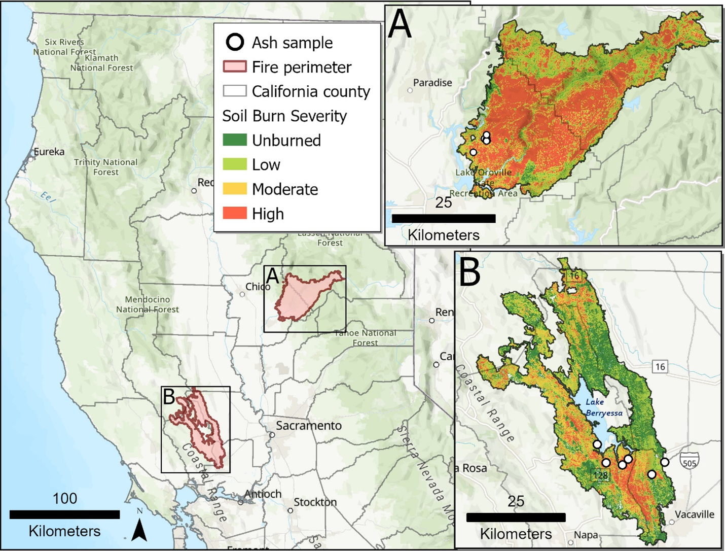 Inset map A shows outline and burn severity variations in North Complex Fire, located
                  east of Chico, California and east of Lake Oroville. Inset map B shows outline of
                  LNU Lighting Complex Fire located west of Sacramento, California, surrounding Lake
                  Berryessa