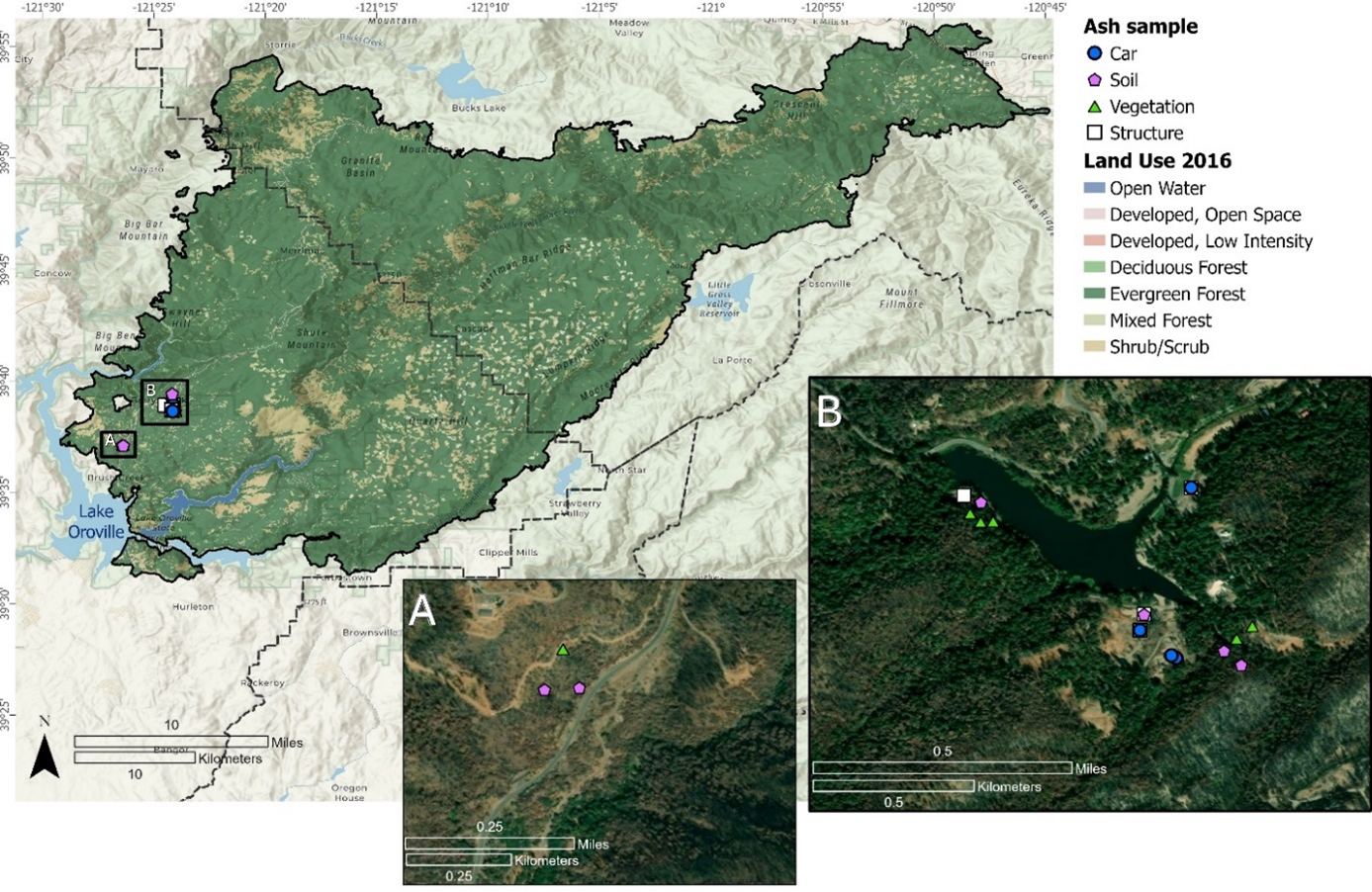 Inset A shows locations of two soil samples and one vegetation ash sample in area
                  approximately 2 to 4 km east of Lake Oroville. Inset B shows locations of 4 soil samples,
                  3 car ash samples, 5 vegetation ash samples, and 2 burned structures in area approximately
                  5 to 10 km east of Lake Oroville. Pre-fire land use classification mostly evergreen
                  forest.