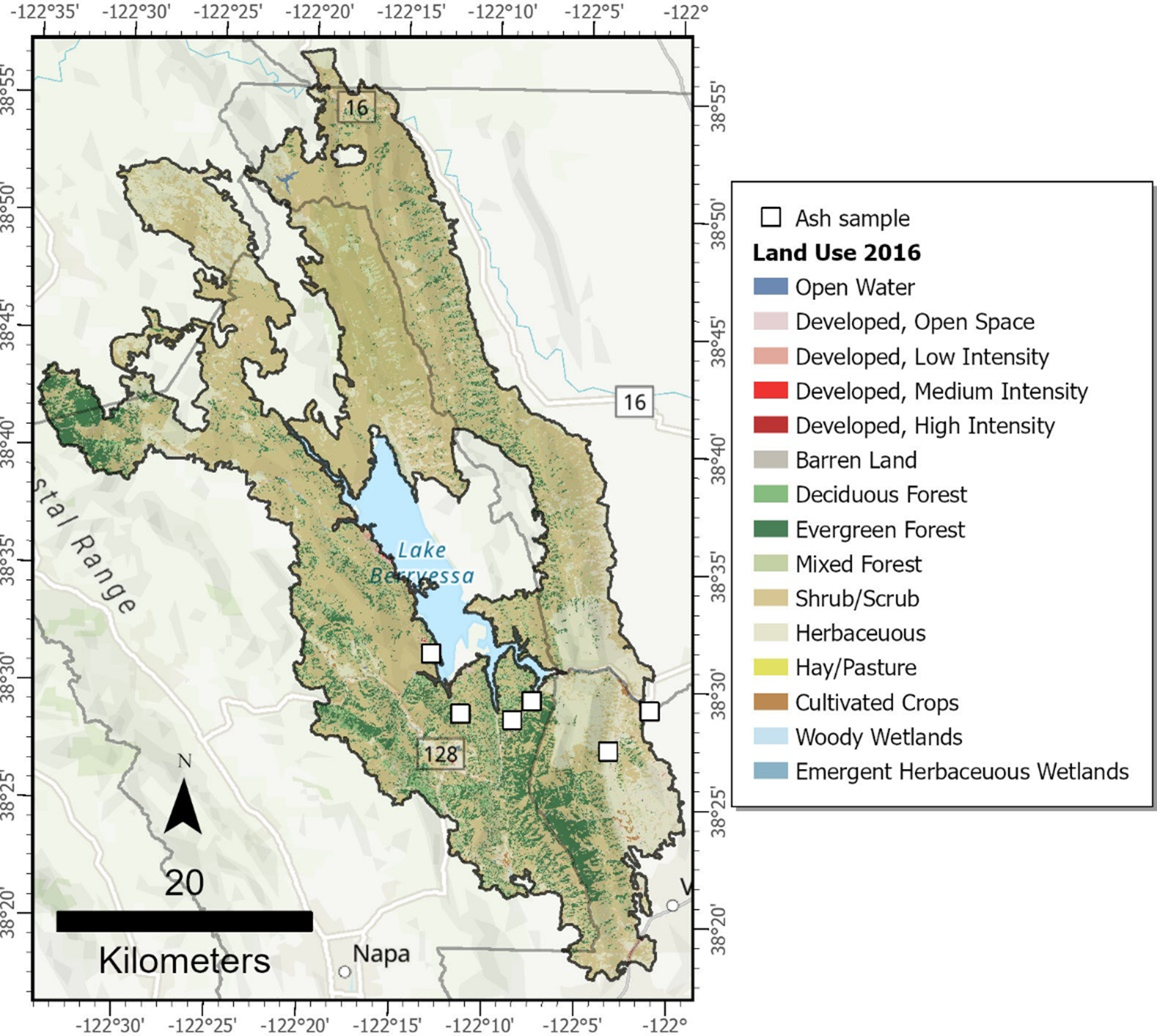 Locations of 6 ash samples shown south of Lake Berryessa. Pre-fire land use classification
                  mostly Shrub/Scrub.