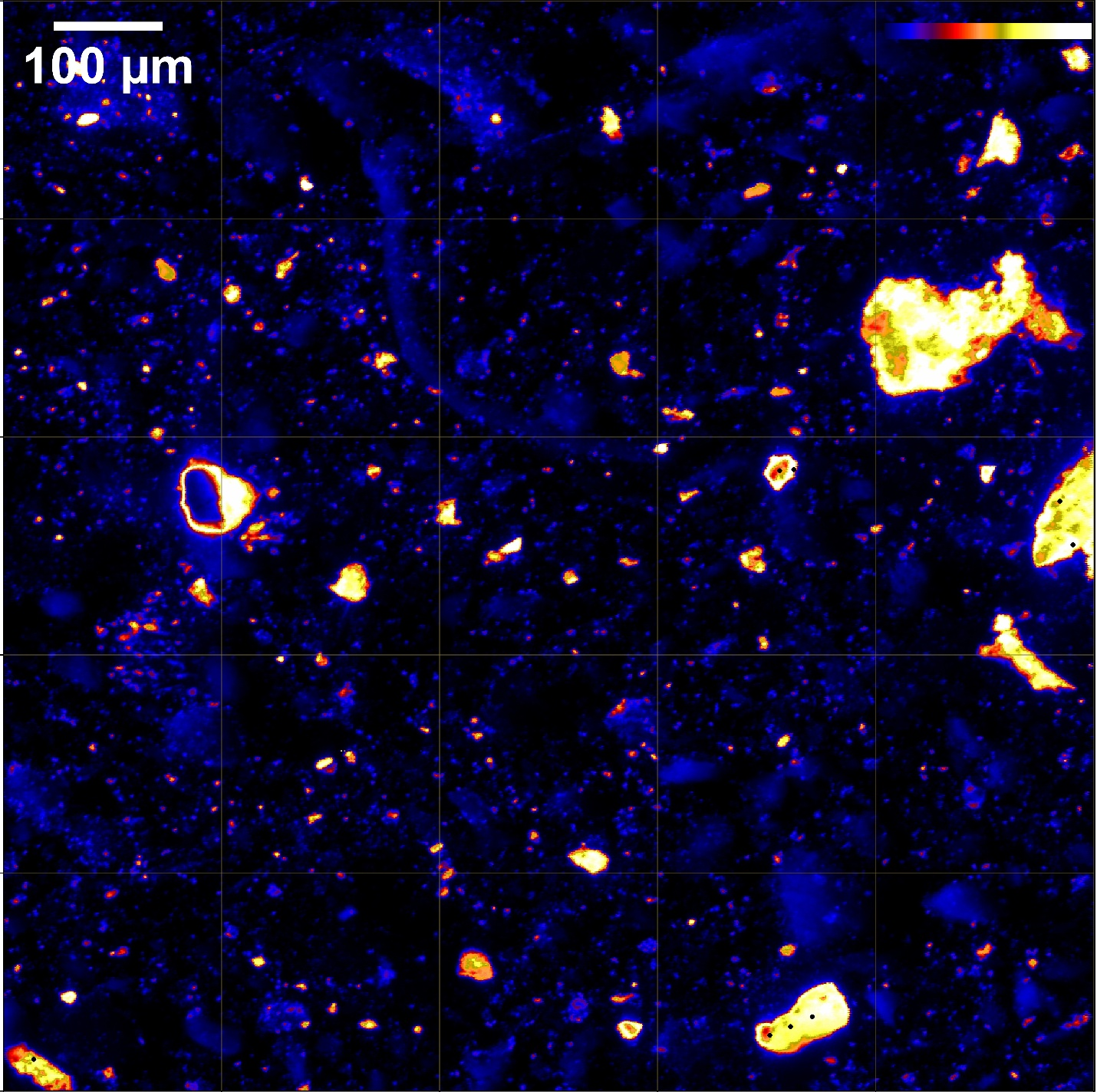 A representative 1 mm x 1 mm micro-focused X-ray fluorescence (μXRF) elemental map
                  on sample A96 showing the microscale spatial distribution of Ti. The color scale in
                  the upper right corner indicates the normalized flourescence intensity (Kα/I0, where
                  Kα is the measured fluorescence intensity and I0 is the incident beam intensity) from
                  high in yellow to low in blue. The normalized fluorescence intensity is corrleated
                  with Ti cocnentration.