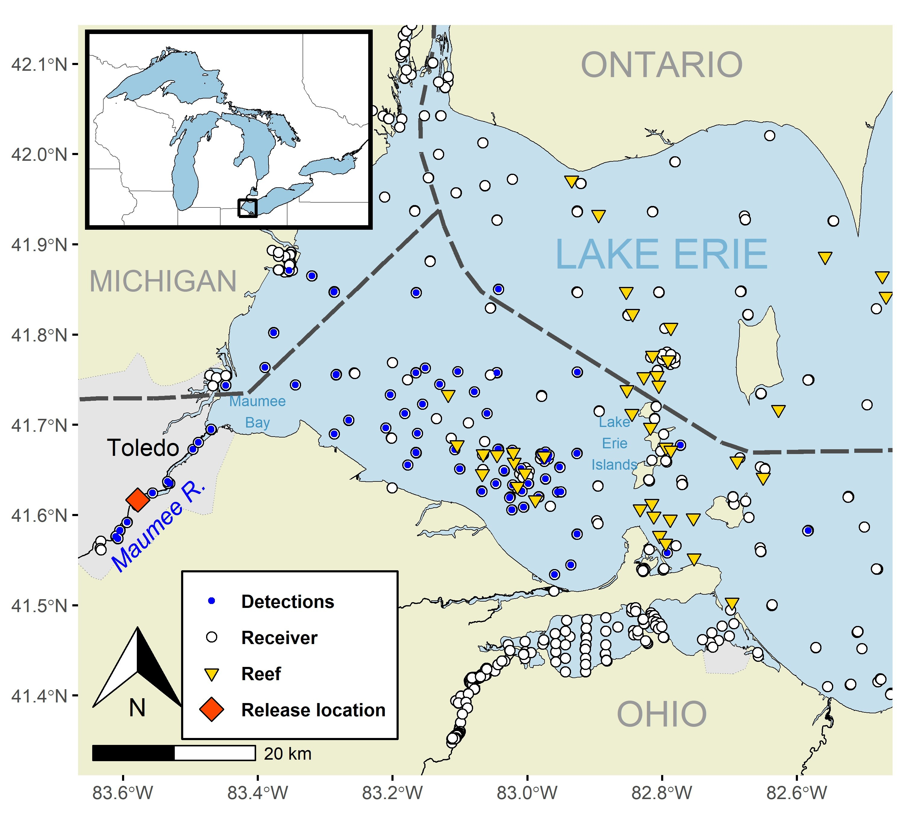 Acoustic receiver locations, stocking locations, jurisdictional boundaries, and bathymetric
features in the western basin of Lake Erie.