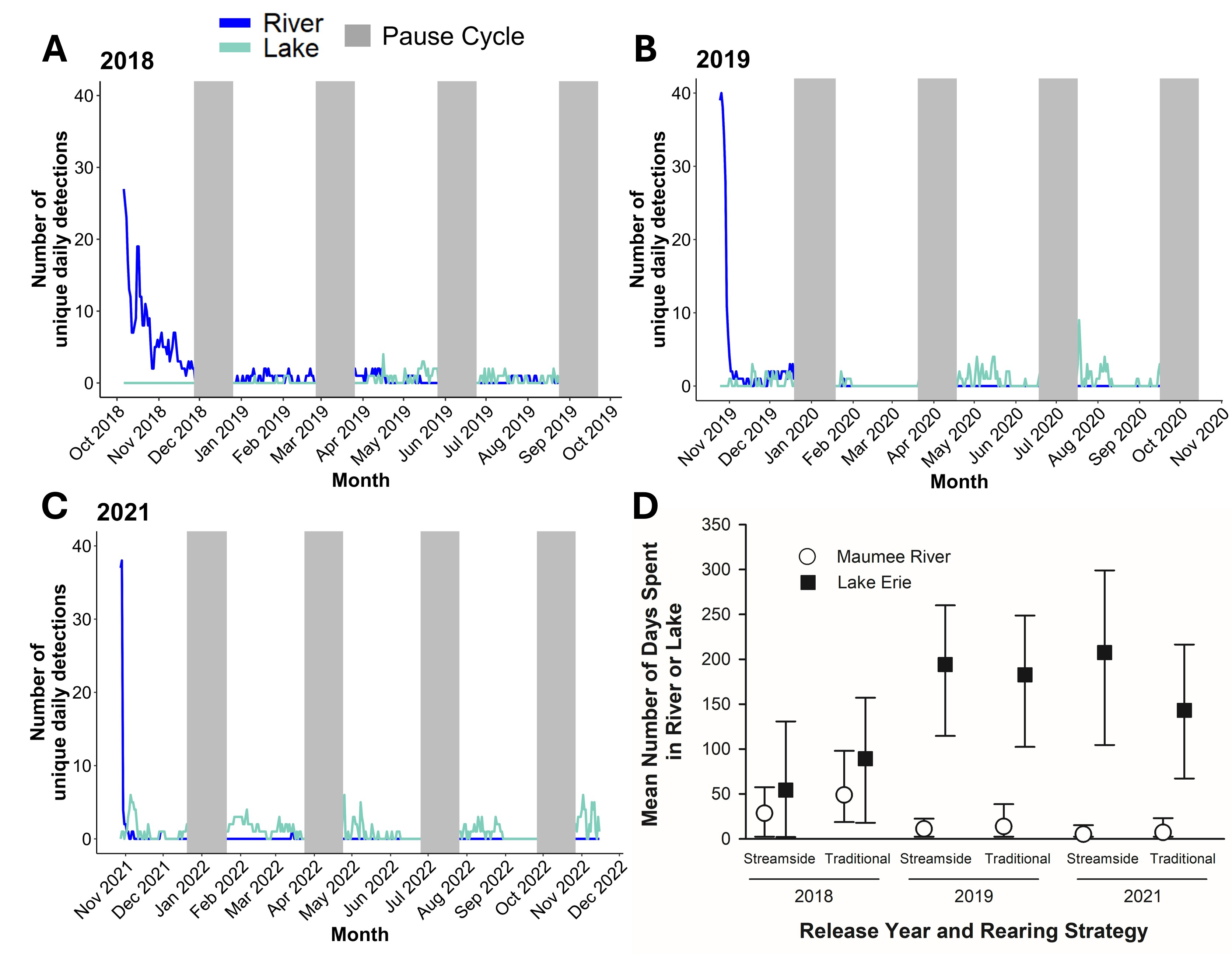 For each annual stocking cohort, tag detections in the river declined rapidly with
corresponding increases in tag detections in the lake. The total number of days spent
in the lake was always greater than in the river, regardless of rearing strategy.