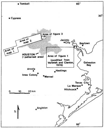 Figure 2. Houston and vicinity, showing areas covered by published 1:24,000-scale fault maps. Additional faults have been mapped in or near every incorporated area (solid circles) shown on figure.