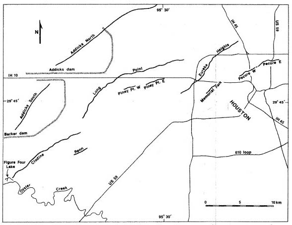 Figure 7. Faults in northern and western Houston metropolitan area. Approximate traces of Addicks North and Addicks South faults are modified from St. Clair and others (1975) and Van Siclen (1978). An origin by faulting for the Renn scarp is suspected but has not been firmly established. Faults are labeled on topographically higher, upthrown side. 