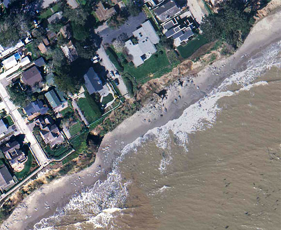 Aerial photograph of retreating sea cliffs at Depot Hill, Santa Cruz, CA.