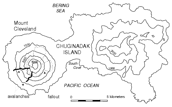 Figure 11. Sketch map of Chuginadak Island and Mount Cleveland volcano. Contour interval 1000 ft.