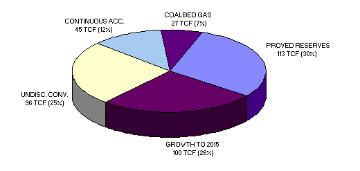 Estimated shares, as of January 1994, of non-associated gas that could be available for production during the next two decades through 2015. Sources consist of proved non-associated gas reserves, projected non-associated gas reserve additions through 2015 for fields discovered before 1992, estimates of economic non-associated gas in undiscovered conventional gas fields, economic gas in continuous-type gas accumulations, and economic coalbed gas