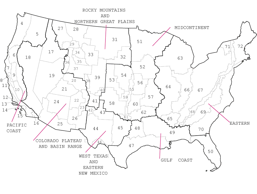 Petroleum regions and provinces in onshore and State offshore areas in the conterminous United States. Heavy lines are region boundaries and lighter lines are province boundaries