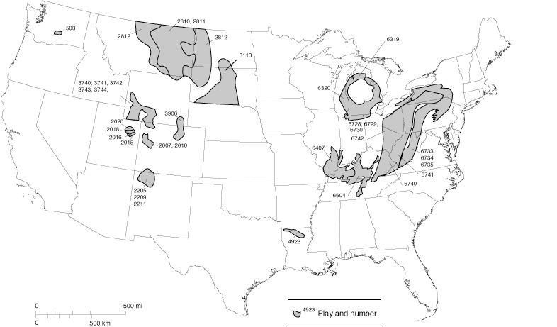 Assessed continuous-type plays of the USGS 1995 National Assessment for which the predominant reservoir rock is sandstone, siltstone, shale, or chalk
