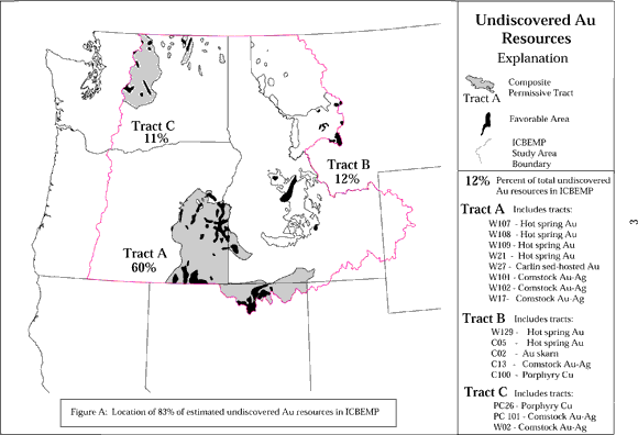 Small map showing that the study area extends from eastern Washington and Oregon, across Idaho to western Montana and Wyoming then extends from the Canadian border south to northeastern California and northernmost Nevada and Utah.  Most of the gold estimates are in the south.