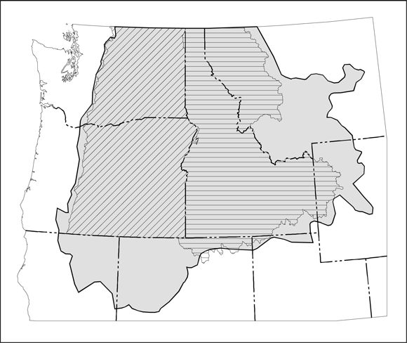 Small map showing that the study area extends from eastern Washington and Oregon, across Idaho to western Montana and Wyoming then extends from the Canadian border south to northeastern California and northernmost Nevada and Utah