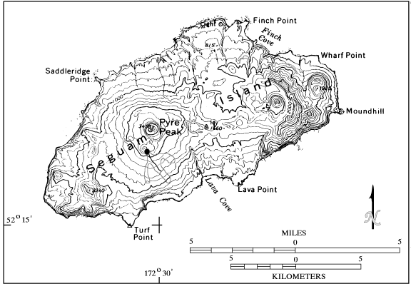 Figure 5. Seguam Island. Vent for 1992-93 activity shown by solid circle just south of Pyre Peak.