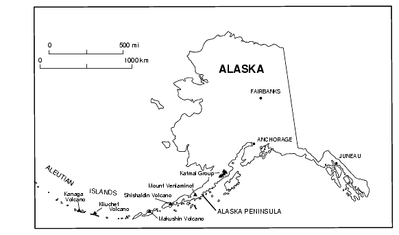 Figure 1. Locations of Alaska volcanoes mentioned in this report.