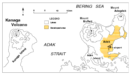 Figure 4. Sketch map of portions of Kanaga and Adak Islands.