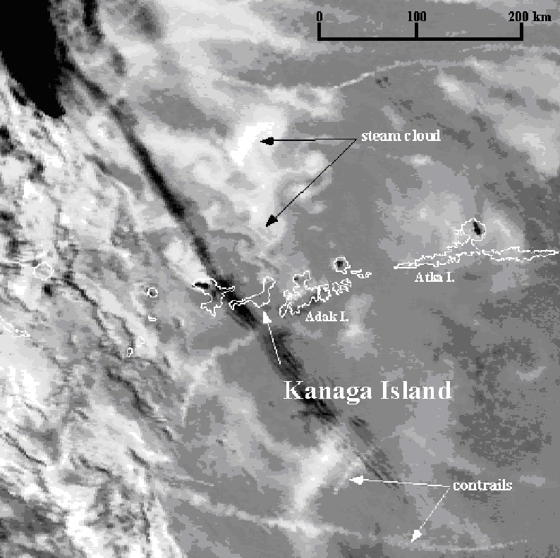 Figure 5. AVHRR band 3 image taken at 1849 UT on June 21, 1995, shows a steam plume > 160 km (100mi) long drifting north from Kanaga Volcano.