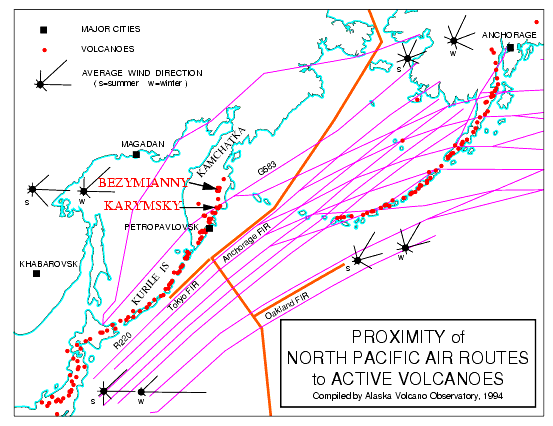 Figure 7. Location map for Bezymianny and Karymsky volcanoes on Kamchatka Peninsula and proximity to NOPAC and RFE air routes.