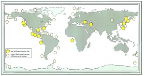 Figure 2. Worldwide distribution of confirmed or inferred offshore gas hydrate-bearing sediments.