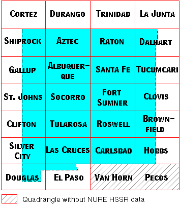 Image Map for selecting quadrangles in New Mexico. Equivalent text links provided below.