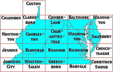 Image Map for selecting quadrangles in Delaware, Maryland, Virginia, and West Virginia. Equivalent text links provided below.