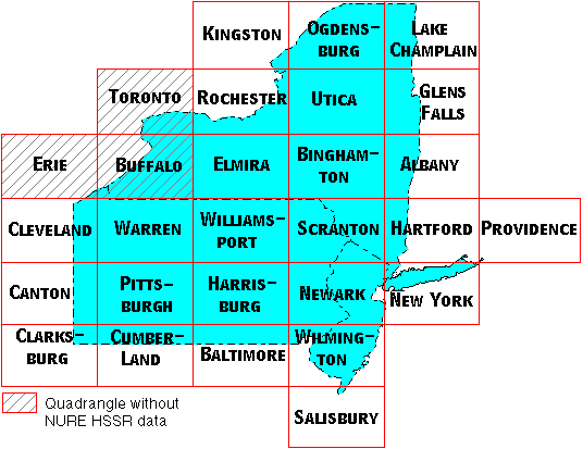 Image Map for selecting quadrangles in New Jersey, New York, and Pennsylvania. Equivalent text links provided below.