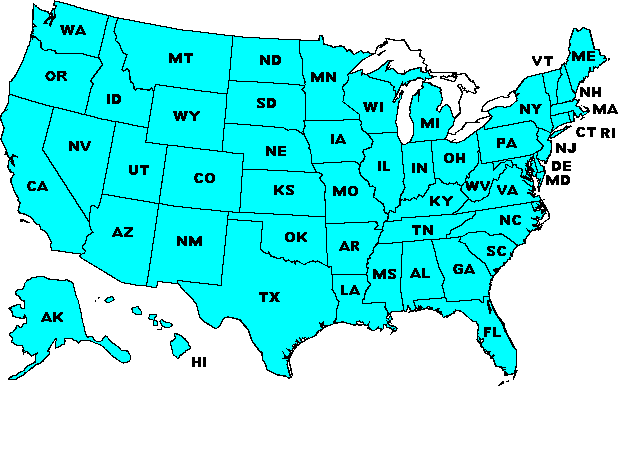 Image Map for selecting States within the United States. Equivalent text links provided below.