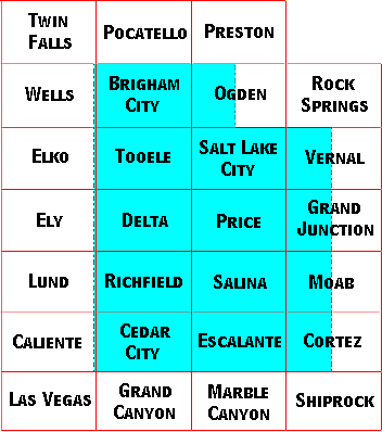 Image Map for selecting quadrangles in Utah. Equivalent text links provided below.
