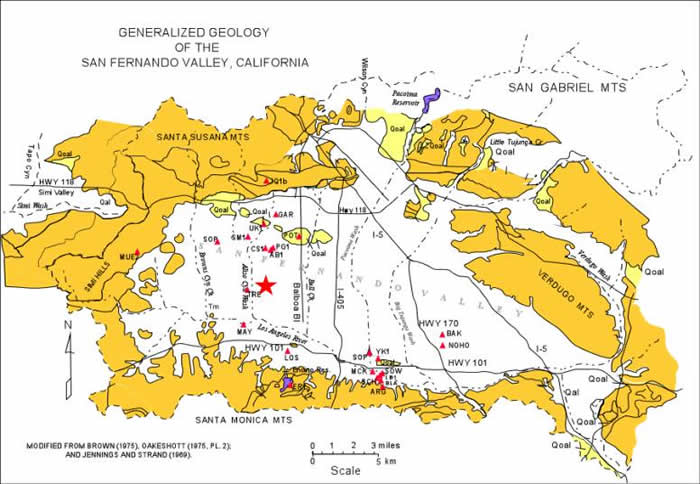 Generalized geologic map of the San Fernando Valley with station locations and site names