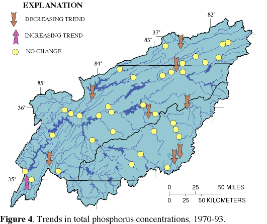 Trends in total phosphorus concentrations, 1970-93