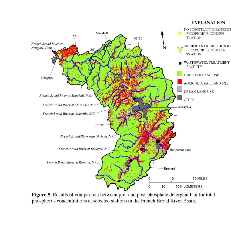 Map showing results of comparison between pre- and post-phosphate detergent ban for total phosphorus concentrations at selected stations in the French Broad River Basin