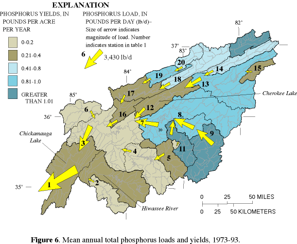 Map showing mean annual total phosphorus loads and yields, 1973-93