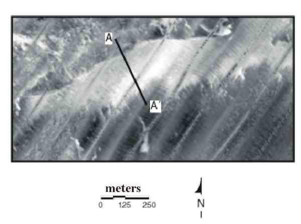 Fig. 11, Cross-section (A-A') of an inner shelf crescentic dune, with accompanying sidescan sonar imagery and interpretation of cores penetrating the inner shelf dune above 