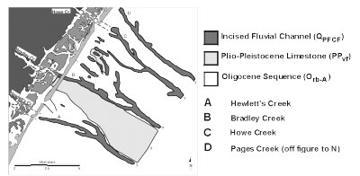 Figure 2. Geologic map of the shoreface and inner shelf off Wrightsville Beach, showing the distribution of Tertiary and Quaternary rocks and sediments