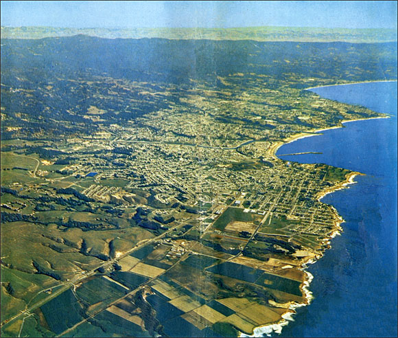 Color aerial photograph of Santa Cruz, California, looking to east from over Wilder Ranch State Park.